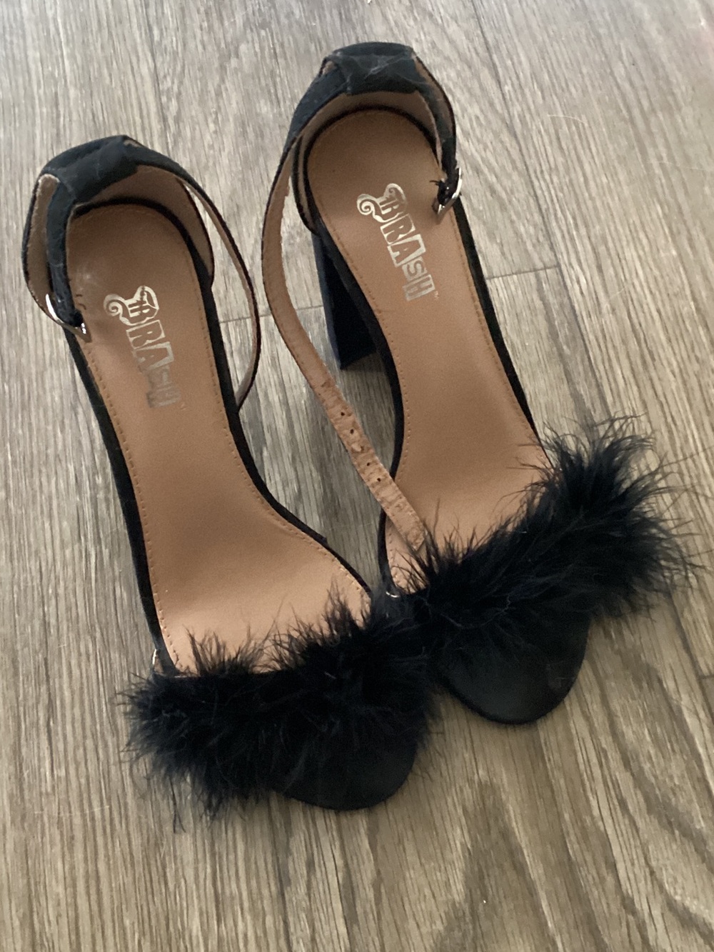 Brash Black Feather Strap Block Heel Sandals